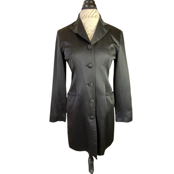 Vtg Tweeds Black Satin 5 Button Slit Long Sleeve Shoulder Pads Blazer Jacket 6 - Picture 13 of 14